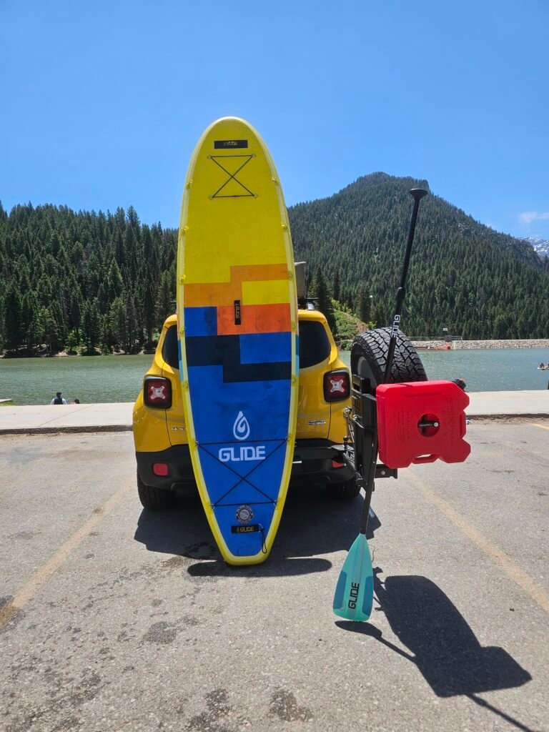 Glide O2 Retro 3.0 5 star rated all around paddle board from #Glidesup and the Jeep Renegade Swing Out Tire Carrier from Rigid Armor. 